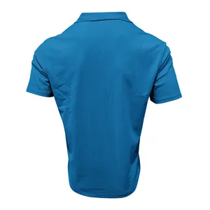 Back view of men's blue corduroy short-sleeved casual shirt with a clean white background