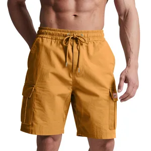 Mustard yellow men's cargo shorts featuring a drawstring waist and functional side pockets