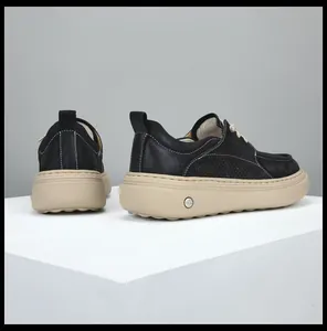 Detailed side and back view of men's premium black leather loafers with thick soles