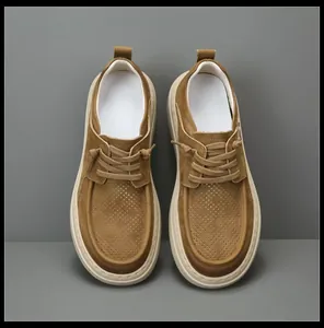 Top view of men's brown top-grain cowhide casual loafers with perforated design