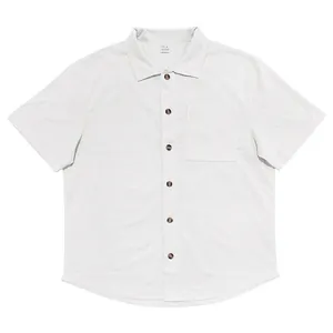 Casual white corduroy short-sleeve shirt for men featuring a front chest pocket