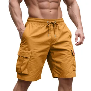 Close-up view of men's mustard yellow summer cargo shorts with large flap pockets