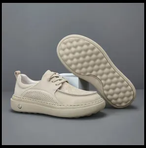 Beige men's leather loafers detail showing anti-slip sole texture and perforated upper