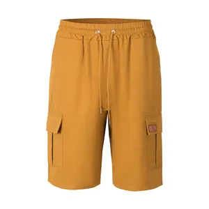 Mustard yellow men's casual cargo shorts with elastic drawstring waist and side pockets.
