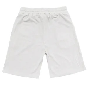 Detailed view of men's white corduroy casual shorts with elastic waistband.