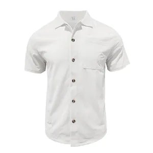 Detailed texture of a premium white corduroy men's short sleeve shirt with chest pocket