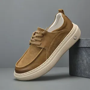 Men's Casual Leather Loafers First-Layer Cowhide Breathable Perforated Thick Sole Trendy Retro Sneakers For Men Daily Low Top Shoes