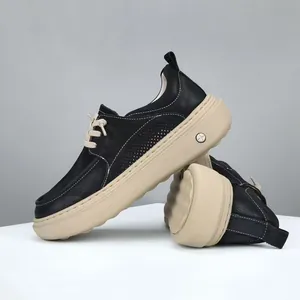 Men's first layer cowhide leather casual shoes with thick sole and crooked toe design.