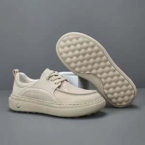 Premium beige cowhide leather men's casual loafers with breathable perforated design