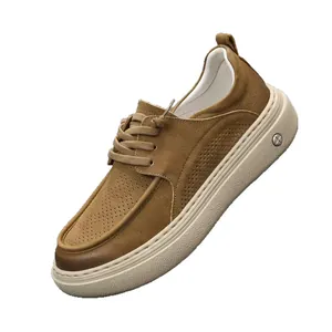 Premium brown cowhide leather casual loafers with breathable perforated design for men