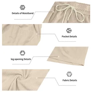 Close-up view of corduroy shorts waistband, pocket, leg opening, and fabric texture.