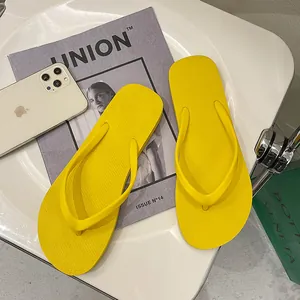 Detailed shot of vibrant yellow non-slip women's thong sandals on a modern background