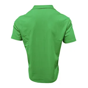 Back view of a men's green short-sleeved casual corduroy polo shirt with fine texture