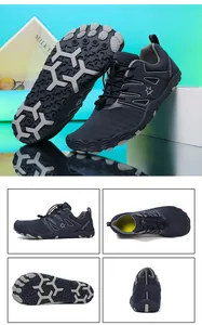 Multi-angle details of breathable non-slip barefoot training shoes in dark blue.