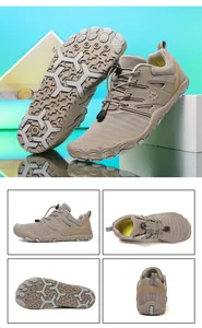 Detailed multi-angle views of khaki barefoot outdoor shoes with non-slip rubber soles