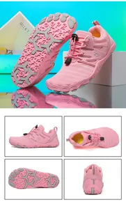 Pink barefoot running shoe details showing sole grip, lacing system, and multi-angle views.