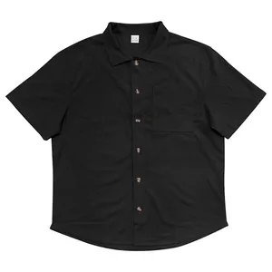Detailed view of men's casual black corduroy short sleeve shirt with functional chest pocket