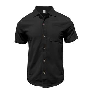 Men's casual black short-sleeved corduroy shirt with chest pocket and brown buttons.