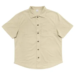 Front view of light khaki corduroy short-sleeve casual shirt with chest pocket