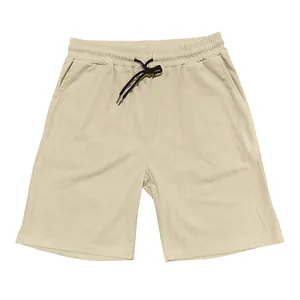 Men's beige casual corduroy shorts featuring elastic waistband and black drawstring.