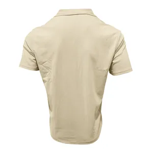 Detailed back view of a men's casual beige corduroy short sleeve shirt for summer