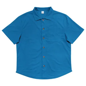 Detailed front view of a blue short-sleeved corduroy casual shirt with a chest pocket
