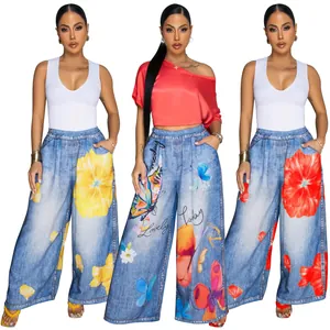 Stylish women's wide-leg casual trousers featuring vibrant floral and butterfly prints