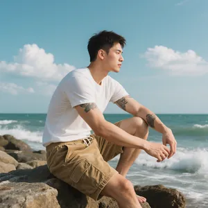 Detailed view of men's khaki corduroy cargo shorts in a coastal lifestyle setting