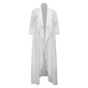 Detailed view of a lightweight white chiffon long cardigan with elegant draped front