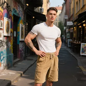 Close-up lifestyle view of men's heavyweight khaki corduroy cargo shorts in urban street