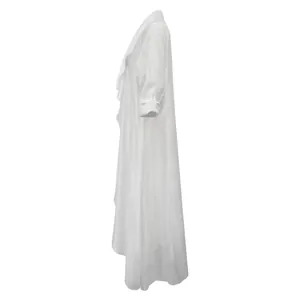 Detail side view of a lightweight white long-sleeved chiffon cardigan sun protection coat