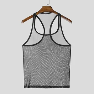 Detailed view of the breathable black mesh fabric on a sheer men's athletic tank top
