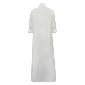 Back view of a long casual white chiffon cardigan for women with rolled sleeves.
