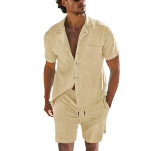 Men Casual Corduroy Short Sleeve Shirt Shorts Top And Bottom Summer Vacation Beachwear Urban Streetwear Retro Style