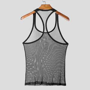 Macro view of men's black mesh see-through tank top, breathable gym sports undershirt