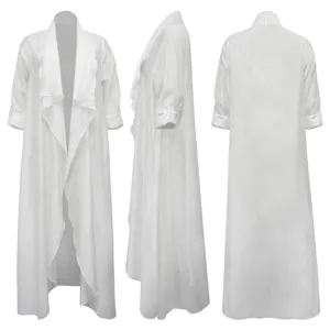 Front, side, and back views of a long white chiffon open-front sun protection cardigan.