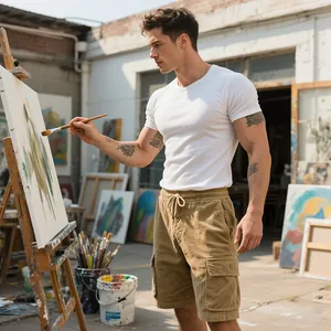 Artistic studio shot of men's khaki corduroy cargo shorts with side pockets
