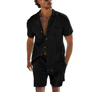Men's black corduroy short sleeve shirt and shorts casual summer set for outdoor beach