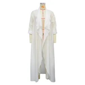 Elegant long white chiffon cardigan cover-up with draped collar on a tailor dummy