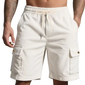 Men's relaxed fit off-white corduroy cargo shorts featuring functional side pockets