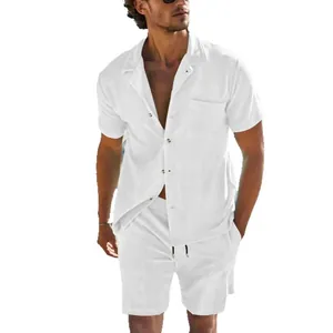 Men's summer casual two-piece white corduroy set with short sleeve shirt and shorts