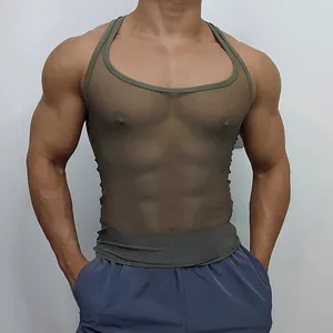 Detailed macro view of a men's olive green mesh see-through tight fitness tank top.