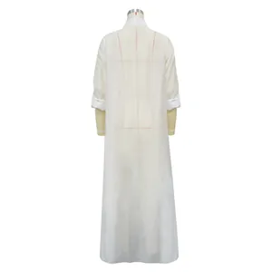 Back view detail of a long white chiffon sun protection cardigan for women on mannequin