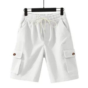 Men's loose white corduroy cargo shorts with drawstring and side pockets for summer