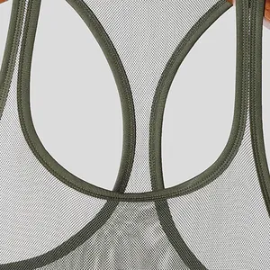 Detailed macro view showing the breathable army green mesh fabric on a men's sport tank top