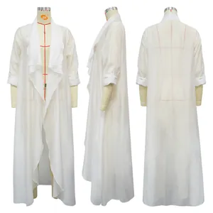 Detail view of long white chiffon cardigan with front side and back views on mannequin