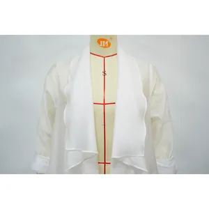 Detail view of lightweight white chiffon cardigan with draped front and long sleeves