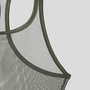 Macro detail view showing the breathable olive green mesh texture of men's athletic tank top