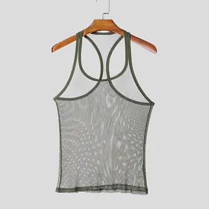 High-quality detail of men's olive green see-through mesh tank top for sports fitness