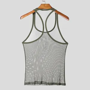 Close-up detail of army green men's mesh tank top showing breathable fabric texture